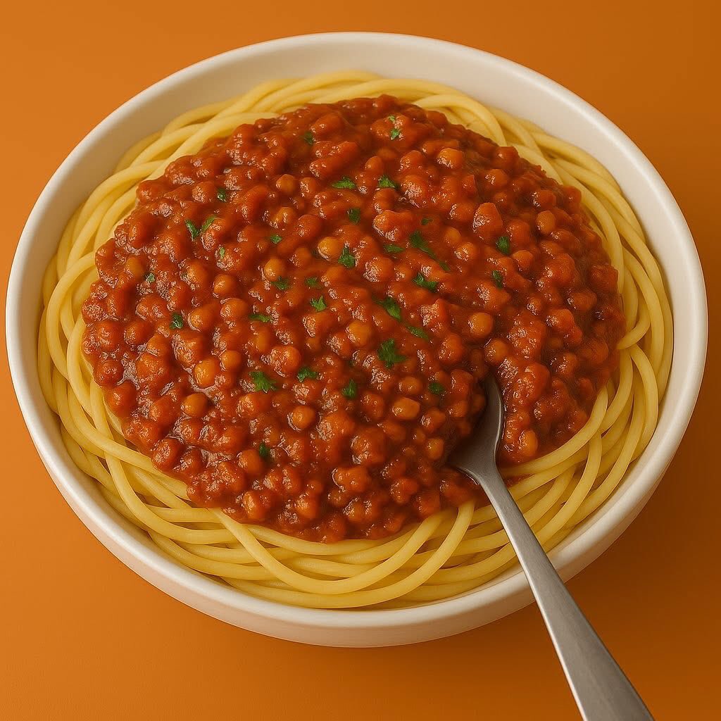 معكرونة بالعدس والصوص الأحمر (بولونيز نباتي بدون لحمة)